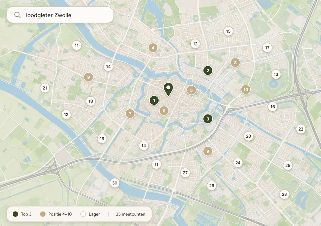 Illustratief voorbeeld van een Maps-kaart: meetpunten verspreid over een stad, elk met de plek waarop het bedrijf daar in Google Maps staat.