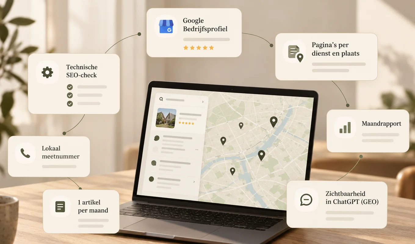 Illustratie: een laptop op een houten tafel met Google Maps op het scherm, omringd door zeven kaartjes met de onderdelen van het pakket: Google Bedrijfsprofiel, Pagina's per dienst en plaats, Maandrapport, Zichtbaarheid in ChatGPT (GEO), 1 artikel per maand, Lokaal meetnummer en Technische SEO-check